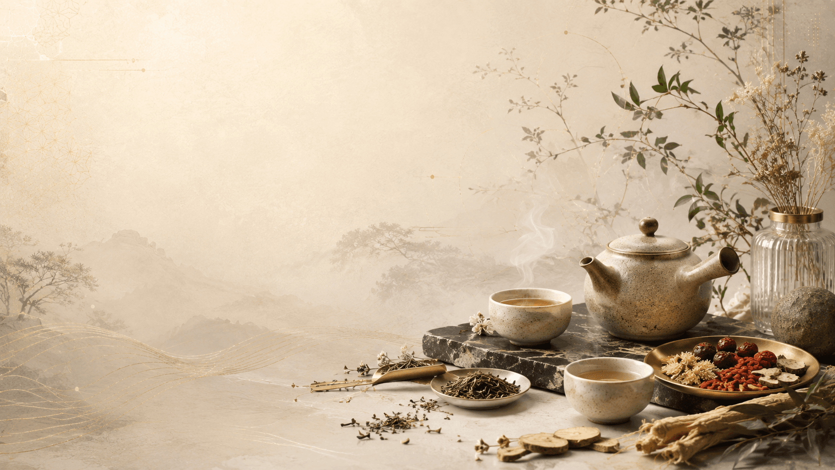 和漢茶の茶器と食品素材を配した静かな情景
